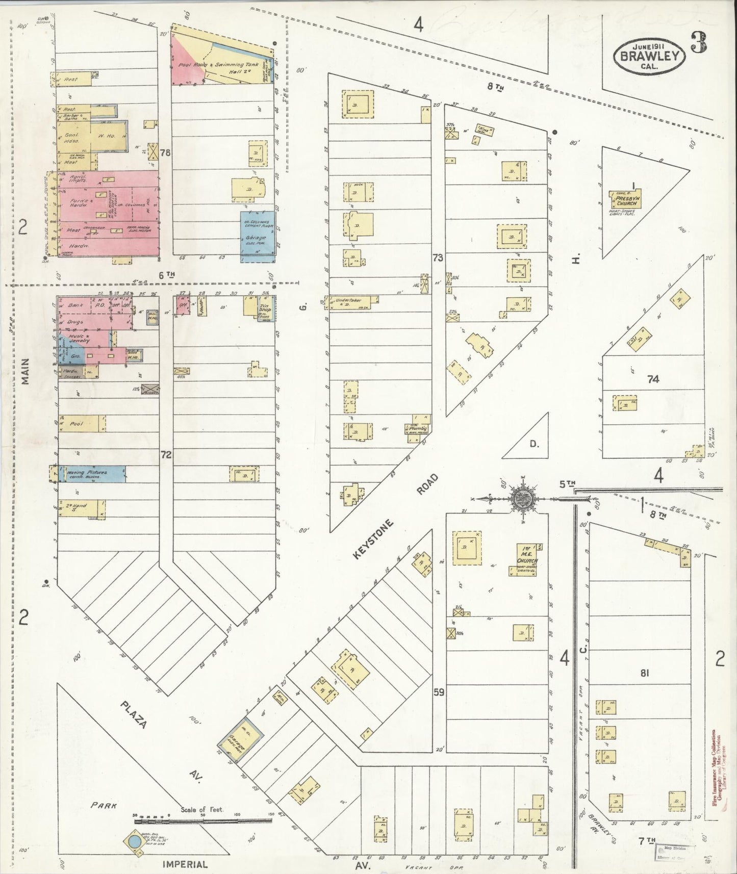 Sanborn Fire Insurance Map from Brawley, Imperial County, California (1911), Sheet #0003 - Historic Sanborn Fire Insurance Map Print, vintage old map wall art, antique decor, genealogy gift, California California map