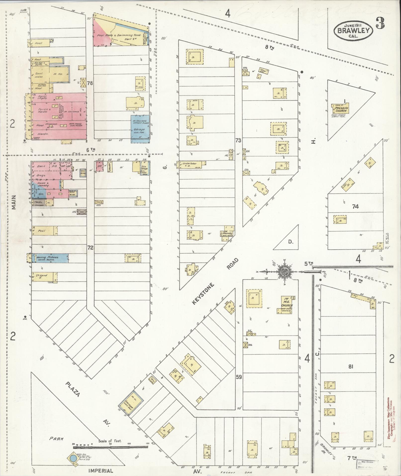 Sanborn Fire Insurance Map from Brawley, Imperial County, California (1911), Sheet #0003 - Historic Sanborn Fire Insurance Map Print, vintage old map wall art, antique decor, genealogy gift, California California map