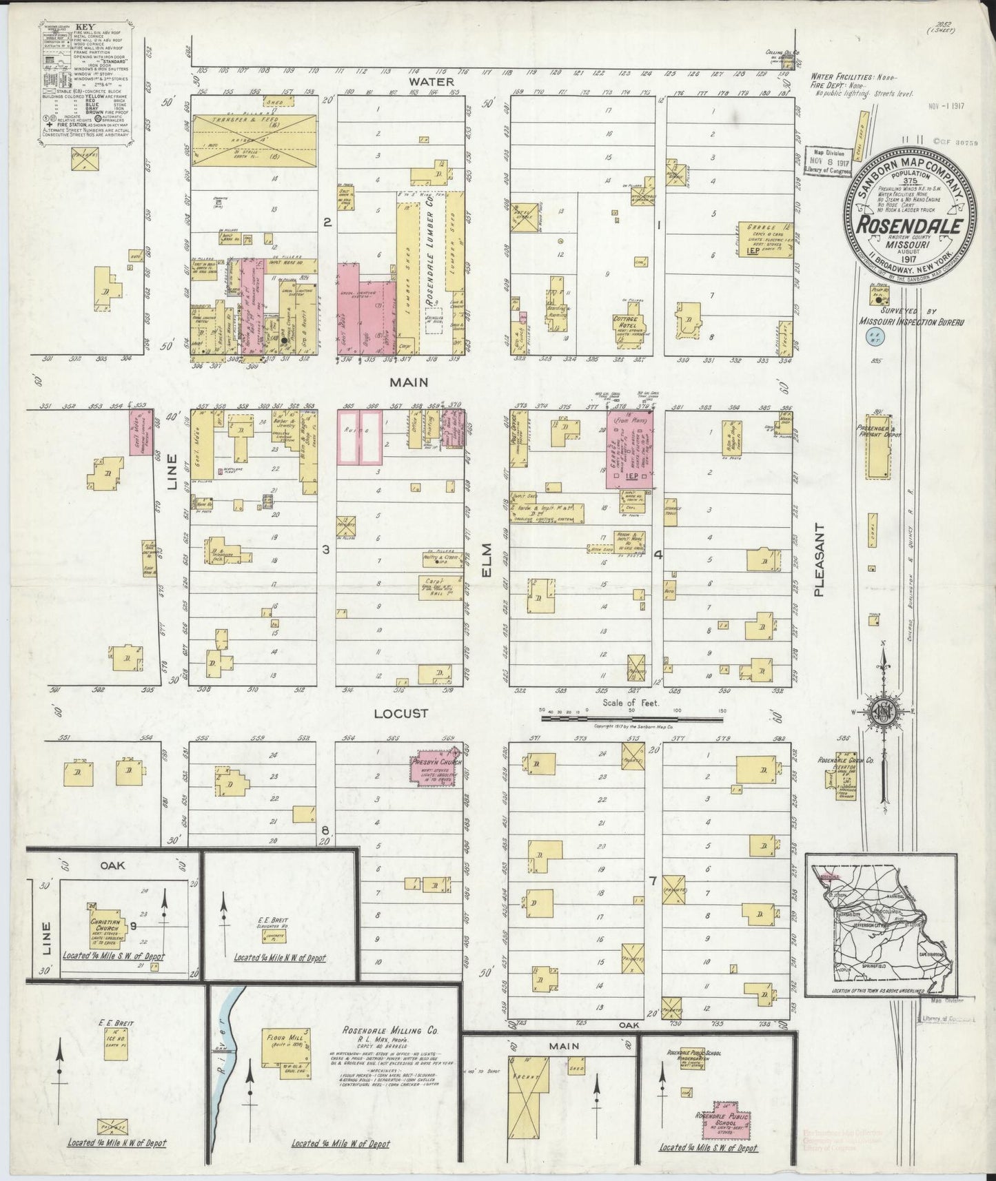 Sanborn Fire Insurance Map from Rosendale, Andrew County, Missouri (1917), Sheet #0001 - Historic Sanborn Fire Insurance Map Print, vintage old map wall art, antique decor, genealogy gift, Missouri Missouri map