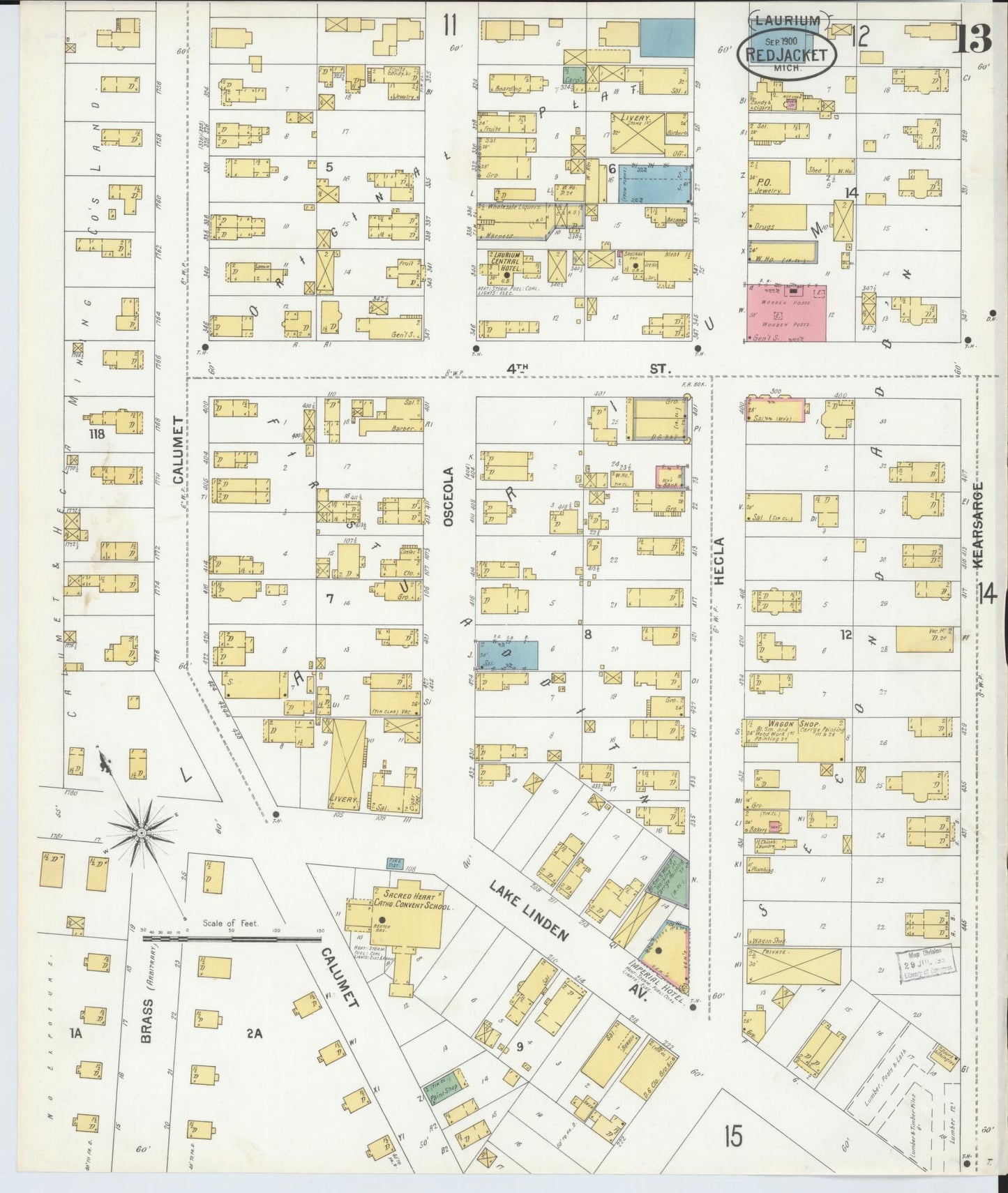 Sanborn Fire Insurance Map from Red Jacket, Houghton County, Michigan (1900), Sheet #0013 - Complete Map Set gallery image, historic Sanborn map, vintage wall art, Michigan Michigan