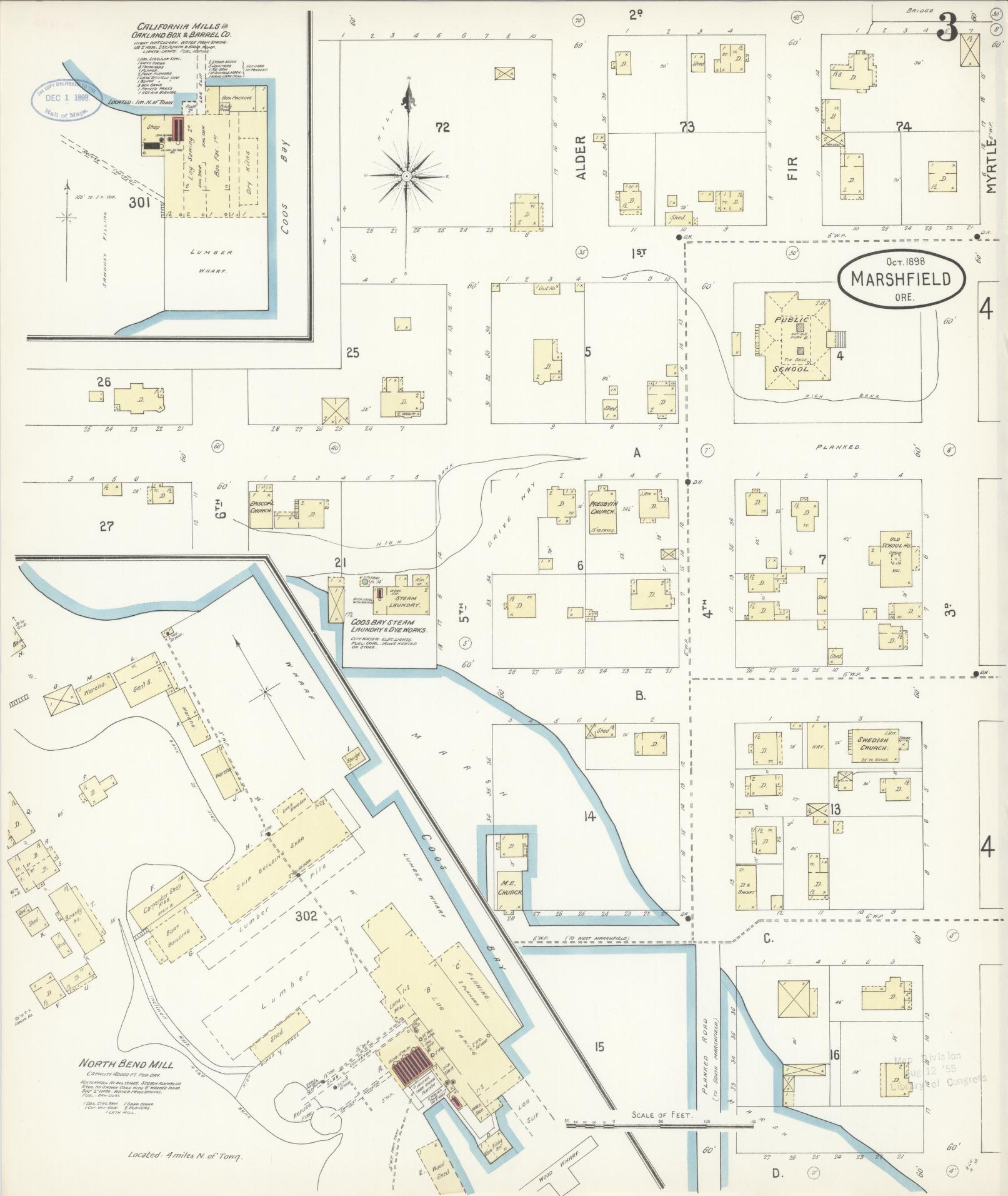 Sanborn Fire Insurance Map from Marshfield, Coos County, Oregon (1898), Sheet #0003 - Historic Sanborn Fire Insurance Map Print, vintage old map wall art, antique decor, genealogy gift, Oregon Oregon map