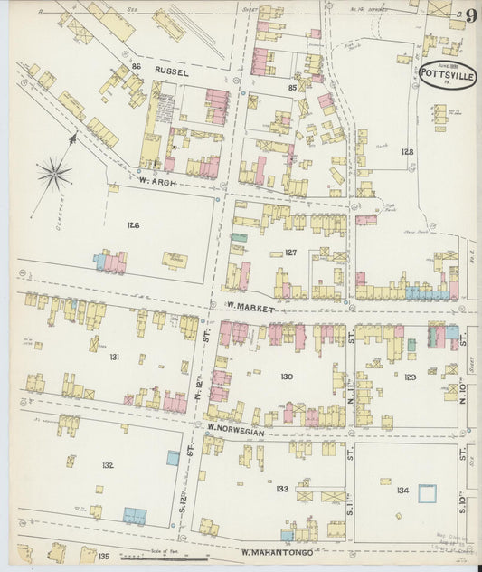 Sanborn Fire Insurance Map from Pottsville, Schuylkill County, Pennsylvania (1891), Sheet #0009 - Historic Sanborn Fire Insurance Map Print, vintage old map wall art, antique decor, genealogy gift, Pennsylvania Pennsylvania map