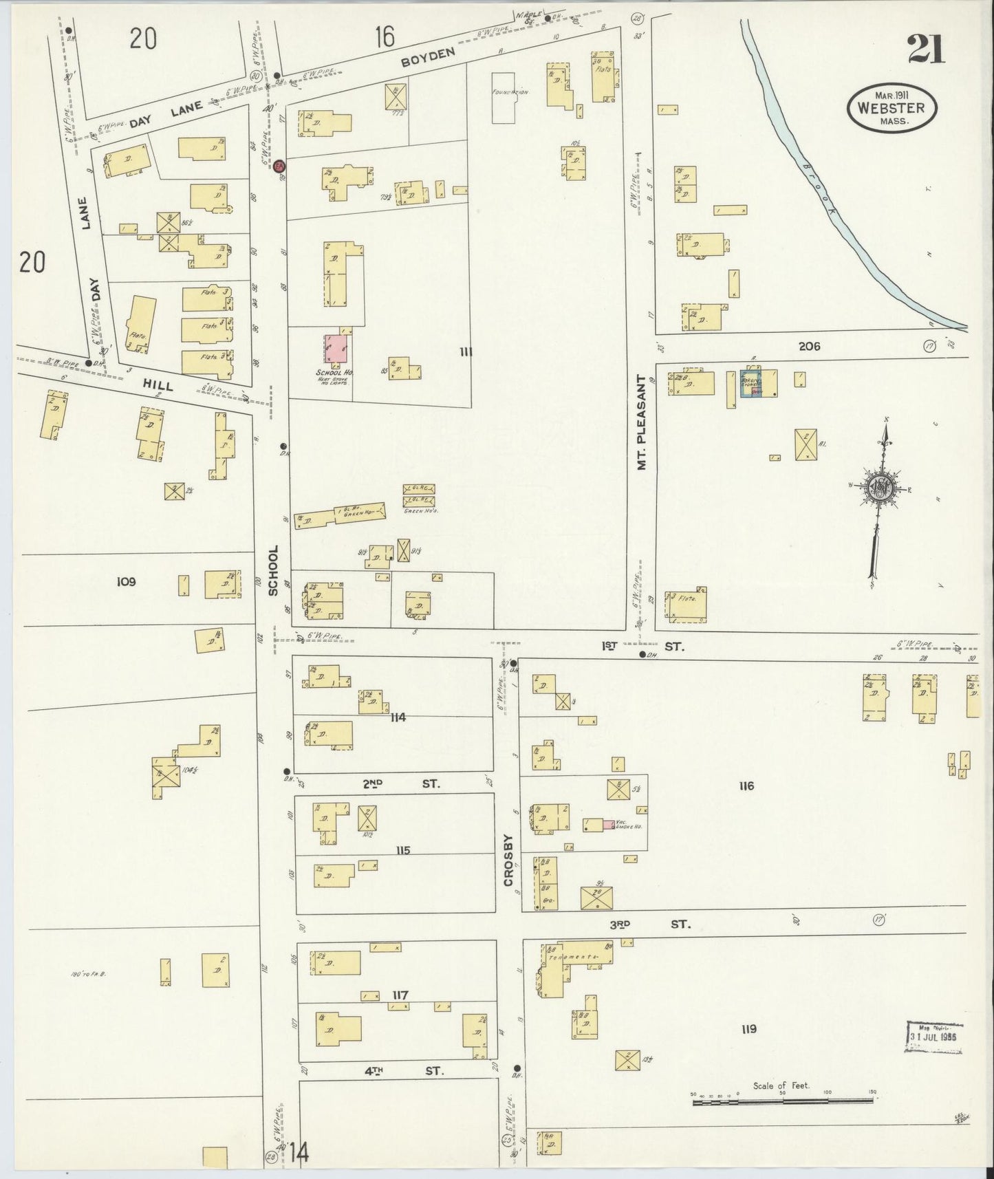 Sanborn Fire Insurance Map from Webster, Worcester County, Massachusetts (1911), Sheet #0021 - Historic Sanborn Fire Insurance Map Print, vintage old map wall art, antique decor, genealogy gift, Massachusetts Massachusetts map