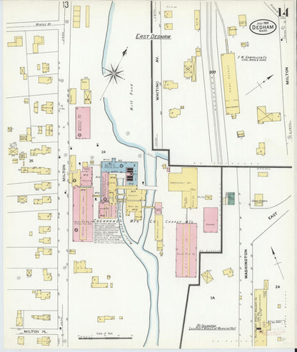 Sanborn Fire Insurance Map from Dedham, Norfolk County, Massachusetts (1909), Sheet #0014 - Historic Sanborn Fire Insurance Map Print, vintage old map wall art, antique decor, genealogy gift, Massachusetts Massachusetts map