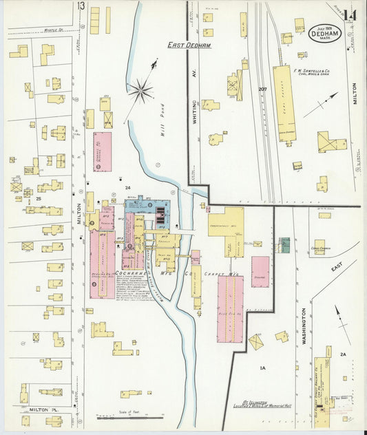 Sanborn Fire Insurance Map from Dedham, Norfolk County, Massachusetts (1909), Sheet #0014 - Historic Sanborn Fire Insurance Map Print, vintage old map wall art, antique decor, genealogy gift, Massachusetts Massachusetts map