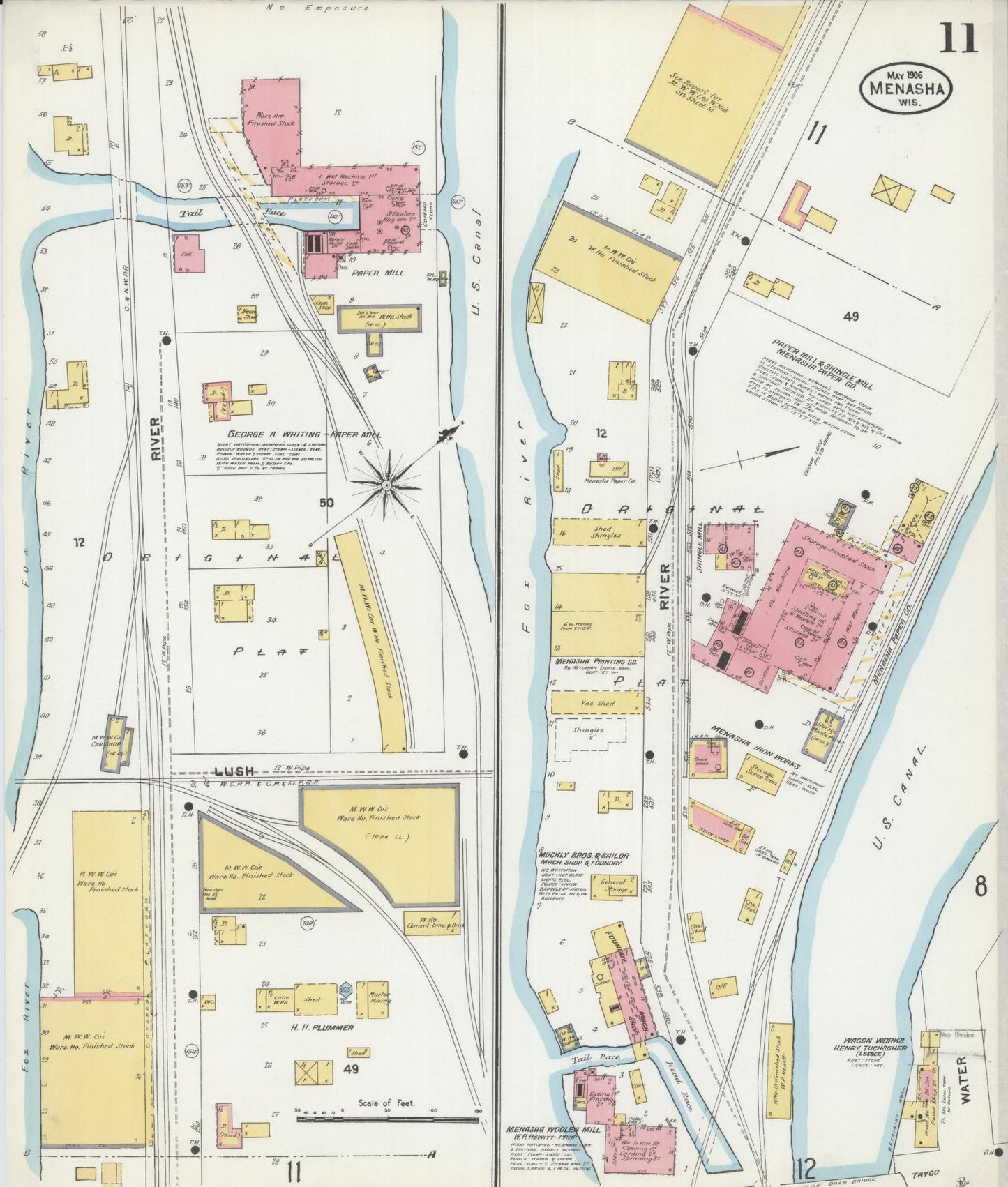 Sanborn Fire Insurance Map from Menasha, Winnebago County, Wisconsin (1906), Sheet #0011 - Historic Sanborn Fire Insurance Map Print, vintage old map wall art, antique decor, genealogy gift, Wisconsin Wisconsin map