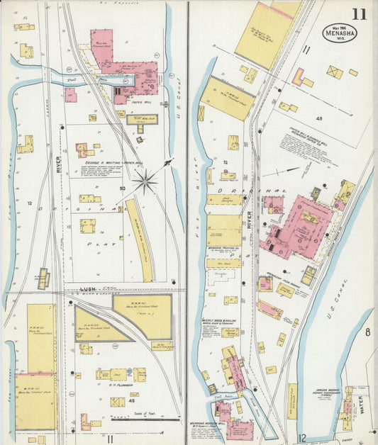 Sanborn Fire Insurance Map from Menasha, Winnebago County, Wisconsin (1906), Sheet #0011 - Historic Sanborn Fire Insurance Map Print, vintage old map wall art, antique decor, genealogy gift, Wisconsin Wisconsin map