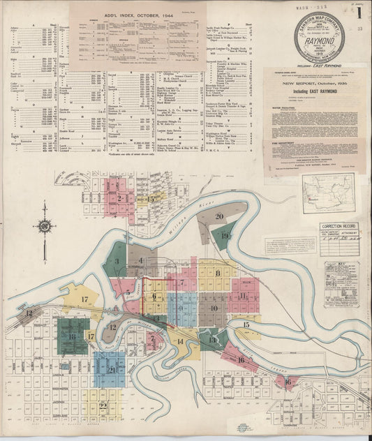 Sanborn Fire Insurance Map from Raymond, Pacific County, Washington (1944), Sheet #0001 - Historic Sanborn Fire Insurance Map Print, vintage old map wall art, antique decor, genealogy gift, Washington Washington map