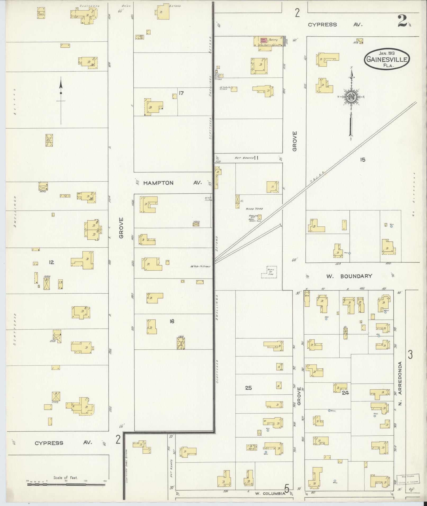 Sanborn Fire Insurance Map from Gainesville, Alachua County, Florida (1913), Sheet #0002 - Historic Sanborn Fire Insurance Map Print, vintage old map wall art, antique decor, genealogy gift, Florida Florida map