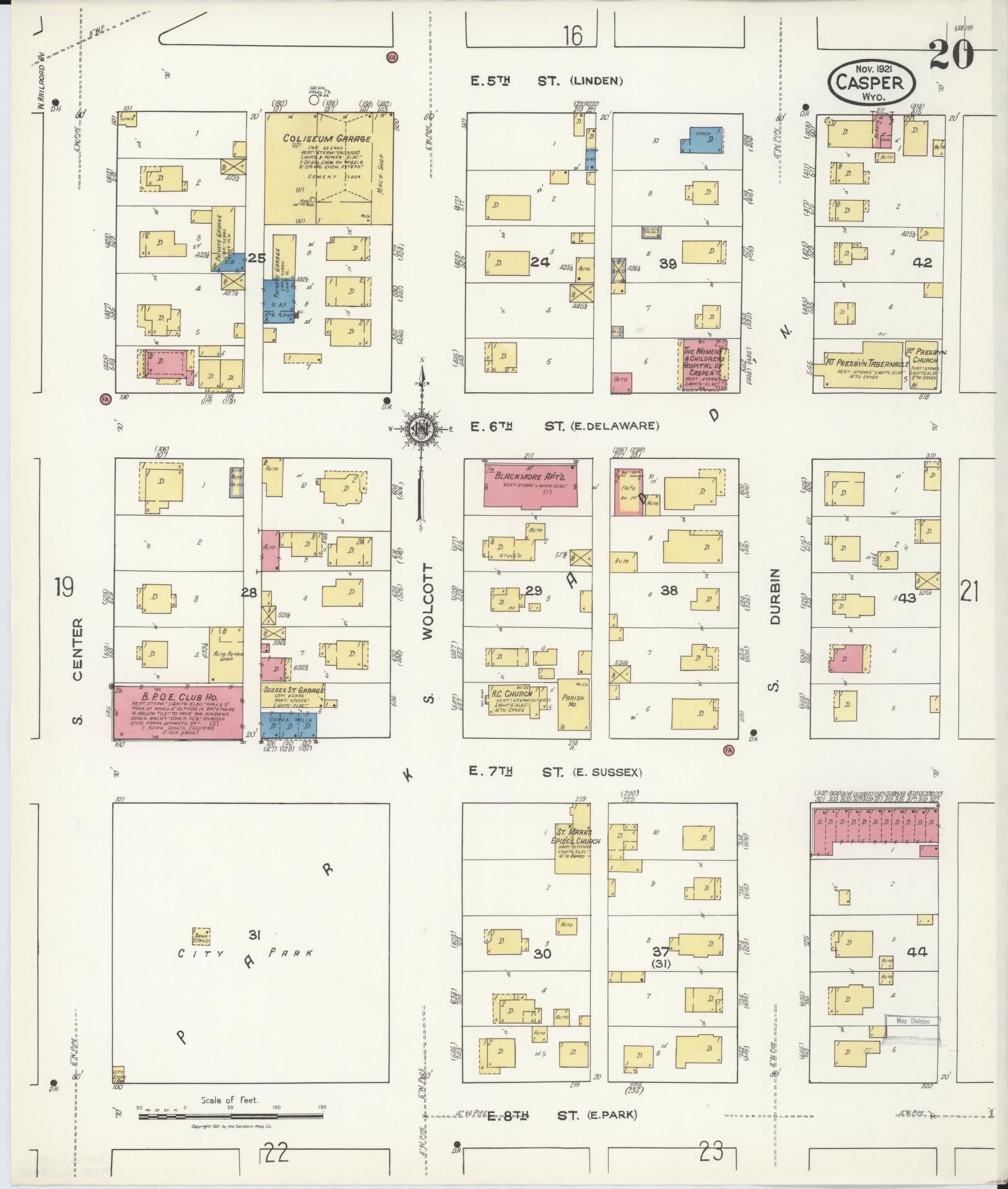 Sanborn Fire Insurance Map from Casper, Natrona County, Wyoming (1921), Sheet #0021 - Complete Map Set gallery image, historic Sanborn map, vintage wall art, Wyoming Wyoming