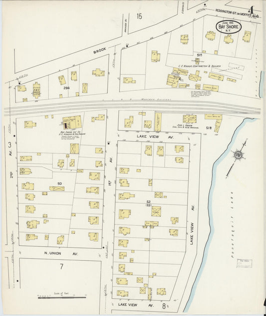 Sanborn Fire Insurance Map from Bay Shore, Suffolk County, New York (1915), Sheet #0004 - Historic Sanborn Fire Insurance Map Print, vintage old map wall art, antique decor, genealogy gift, New York New York map
