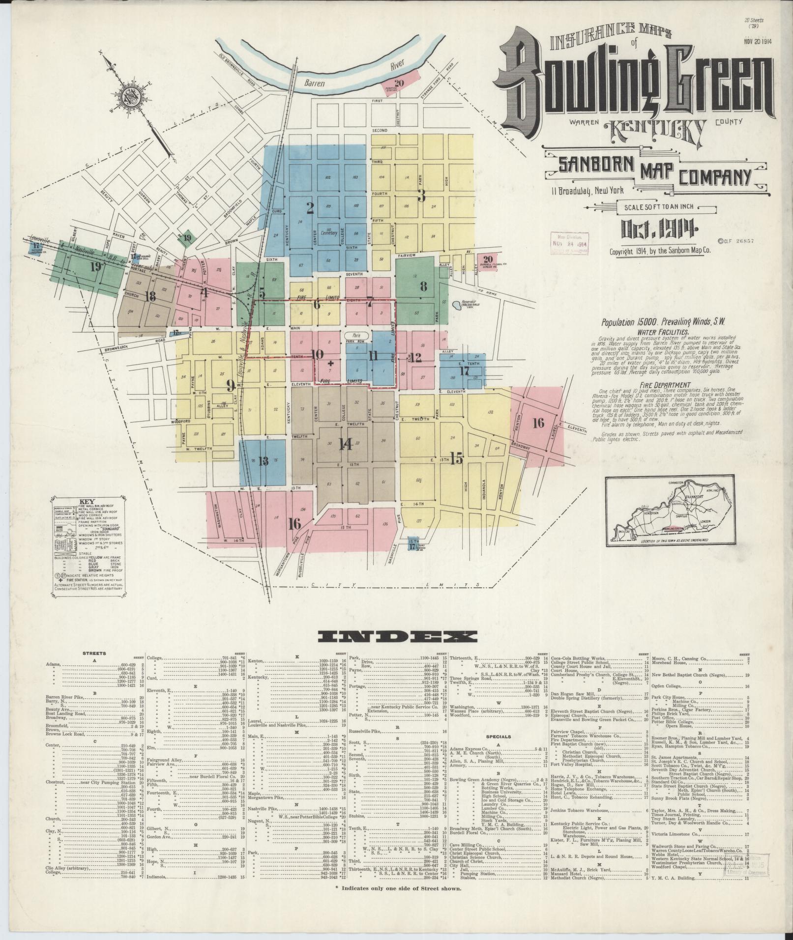 Sanborn Fire Insurance Map from Bowling Green, Warren County, Kentucky (1914), Sheet #0001 - Complete Map Set gallery image, historic Sanborn map, vintage wall art, Kentucky Kentucky