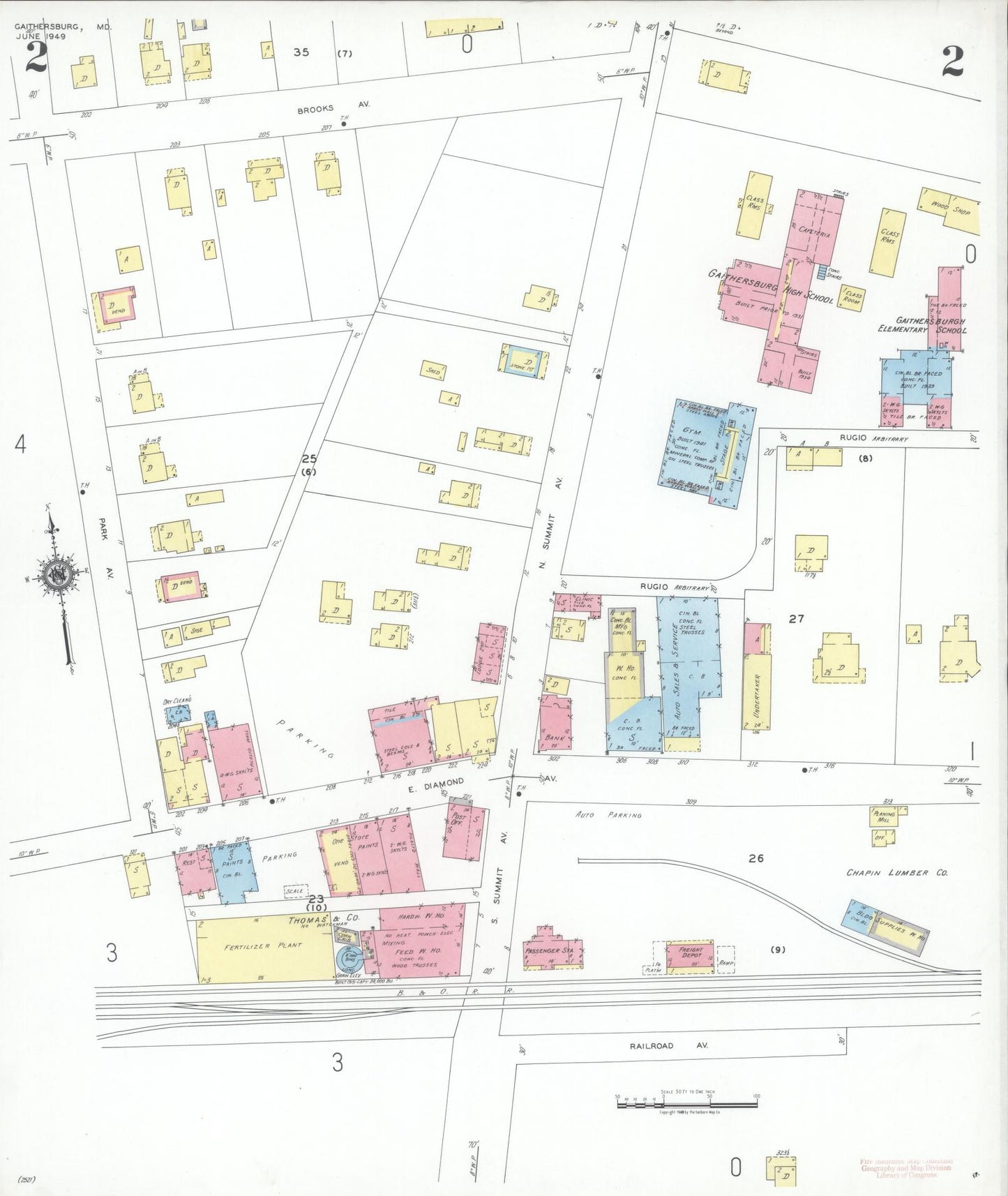 Sanborn Fire Insurance Map from Gaithersburg, Montgomery County, Maryland (1949), Sheet #0002 - Complete Map Set gallery image, historic Sanborn map, vintage wall art, Maryland Maryland