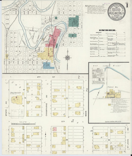 Sanborn Fire Insurance Map from Red Lake Falls, Red Lake County, Minnesota (1909), Sheet #0001 - Historic Sanborn Fire Insurance Map Print, vintage old map wall art, antique decor, genealogy gift, Minnesota Minnesota map