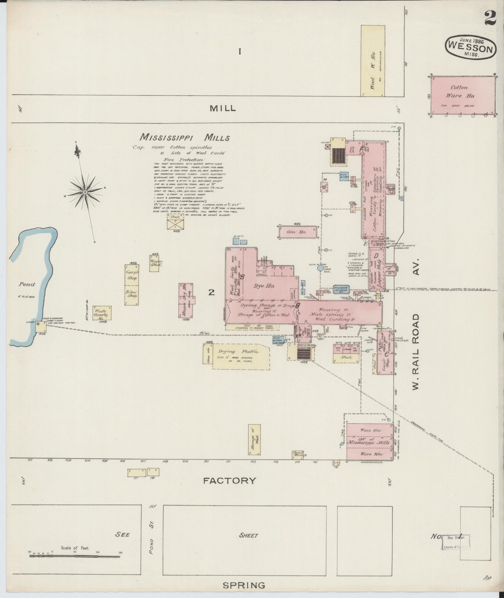 Sanborn Fire Insurance Map from Wesson, Copiah County, Mississippi (1886), Sheet #0002 - Historic Sanborn Fire Insurance Map Print, vintage old map wall art, antique decor, genealogy gift, Mississippi Mississippi map