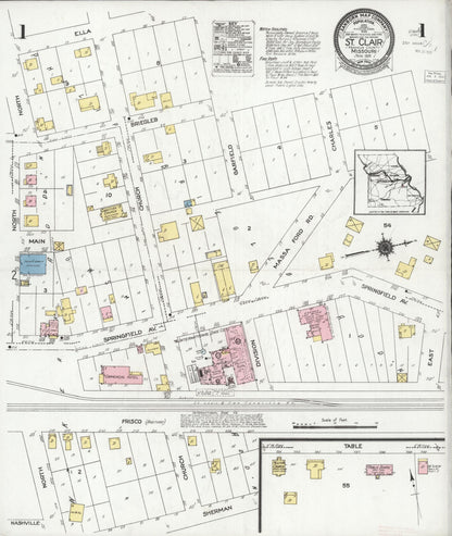 Sanborn Fire Insurance Map from Saint Clair, Franklin County, Missouri (1924), Sheet #0001 - Complete Map Set gallery image, historic Sanborn map, vintage wall art, Missouri Missouri