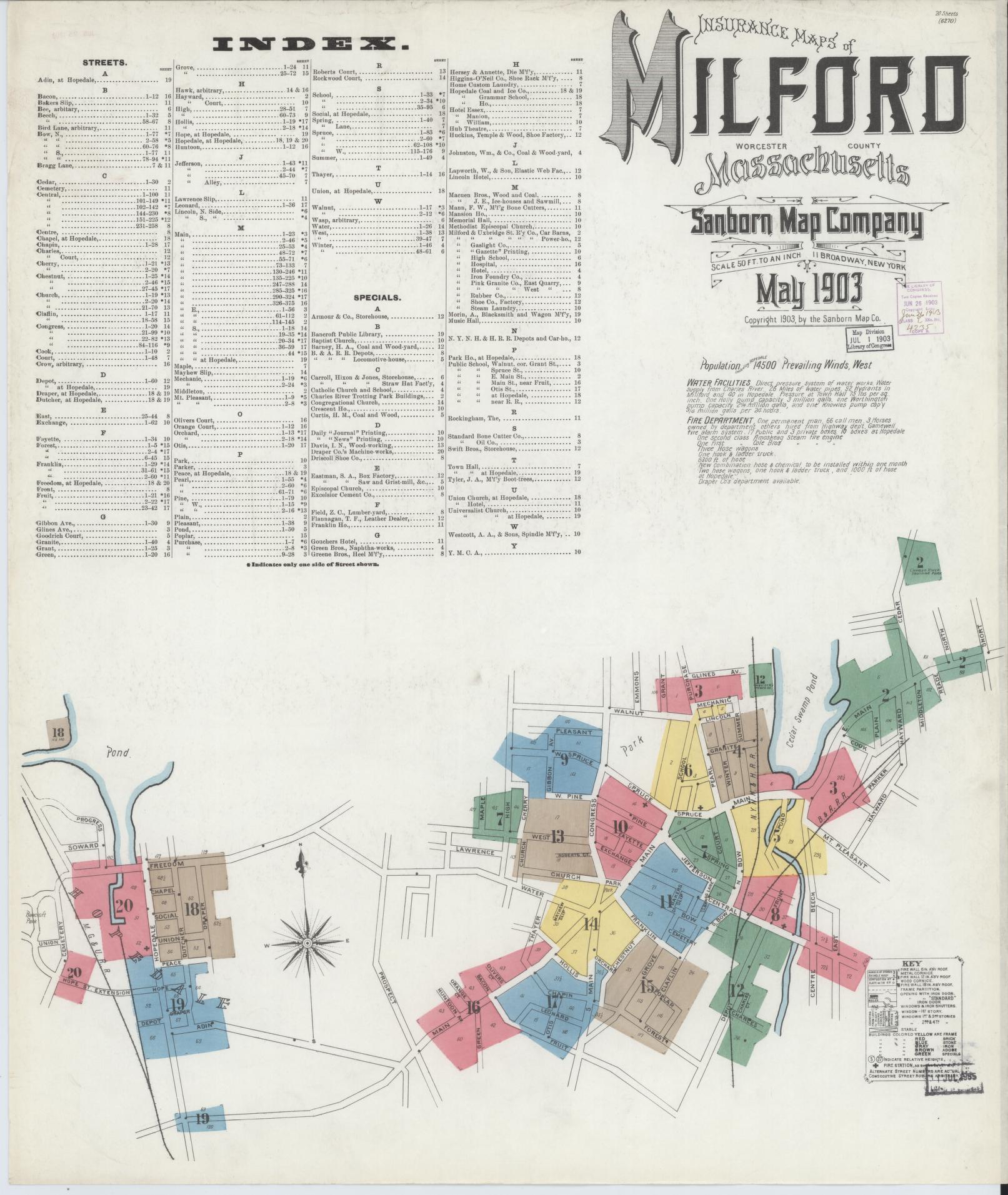 Sanborn Fire Insurance Map from Milford, Worcester County, Massachusetts (1903), Sheet #0001 - Historic Sanborn Fire Insurance Map Print, vintage old map wall art, antique decor, genealogy gift, Massachusetts Massachusetts map