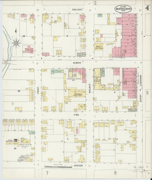 Sanborn Fire Insurance Map from Murfreesboro, Rutherford County, Tennessee (1897), Sheet #0004 - Historic Sanborn Fire Insurance Map Print, vintage old map wall art, antique decor, genealogy gift, Tennessee Tennessee map