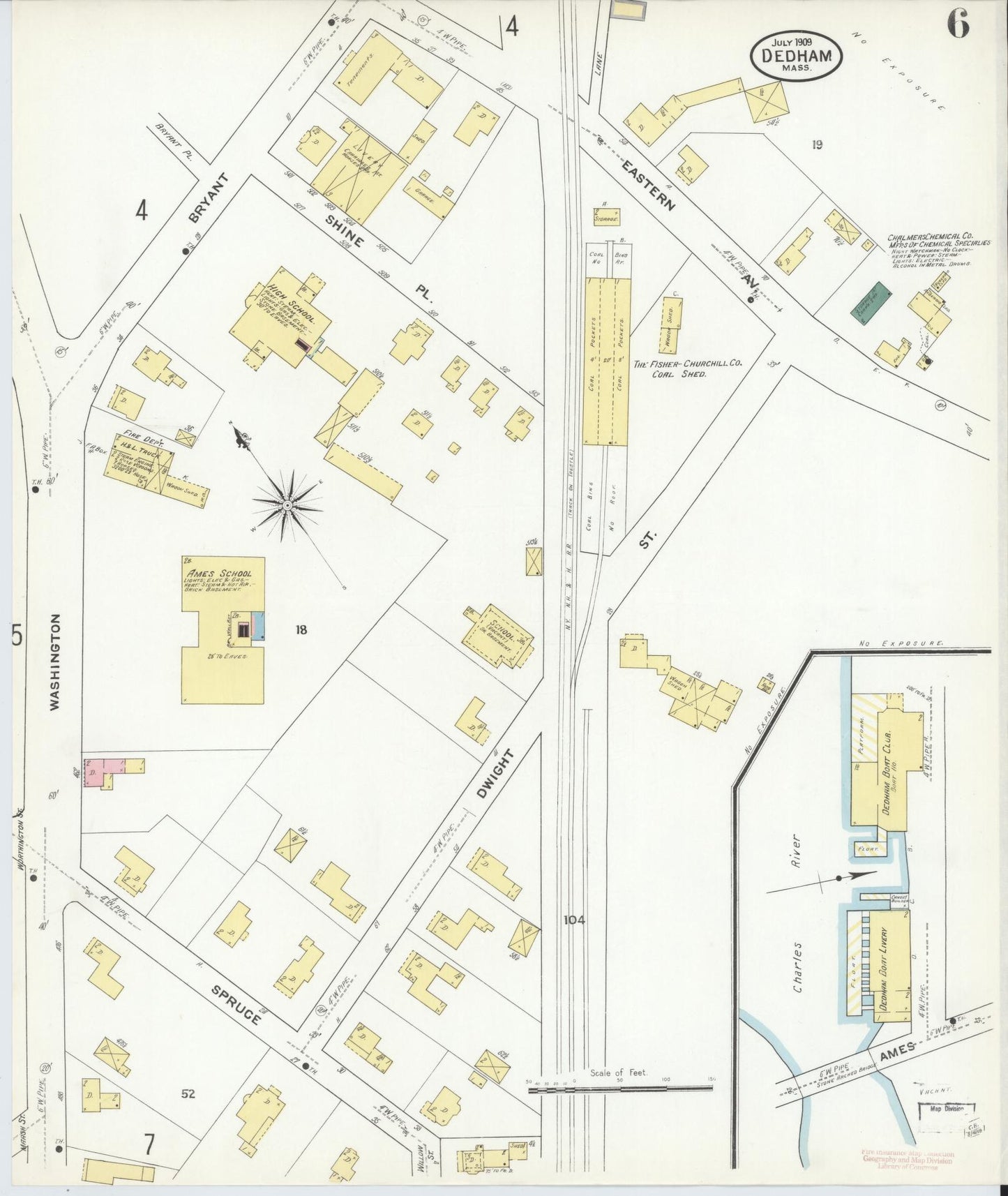 Sanborn Fire Insurance Map from Dedham, Norfolk County, Massachusetts (1909), Sheet #0006 - Historic Sanborn Fire Insurance Map Print, vintage old map wall art, antique decor, genealogy gift, Massachusetts Massachusetts map