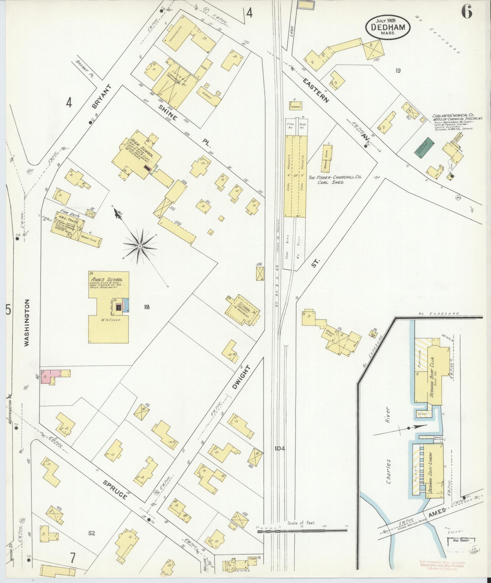Sanborn Fire Insurance Map from Dedham, Norfolk County, Massachusetts (1909), Sheet #0006 - Historic Sanborn Fire Insurance Map Print, vintage old map wall art, antique decor, genealogy gift, Massachusetts Massachusetts map