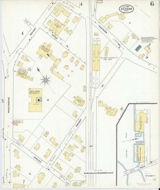 Sanborn Fire Insurance Map from Dedham, Norfolk County, Massachusetts (1909), Sheet #0006 - Historic Sanborn Fire Insurance Map Print, vintage old map wall art, antique decor, genealogy gift, Massachusetts Massachusetts map
