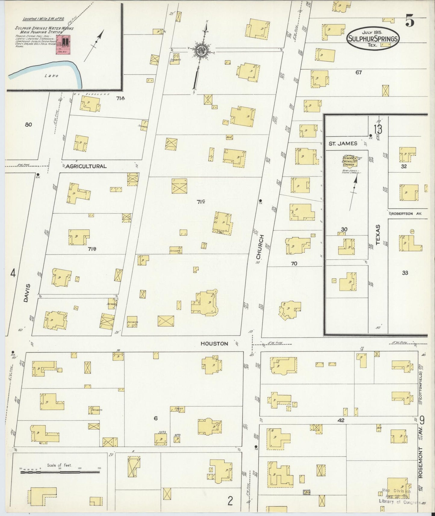 Sanborn Fire Insurance Map from Sulphur Springs, Hopkins County, Texas (1915), Sheet #0005 - Complete Map Set gallery image, historic Sanborn map, vintage wall art, Texas Texas