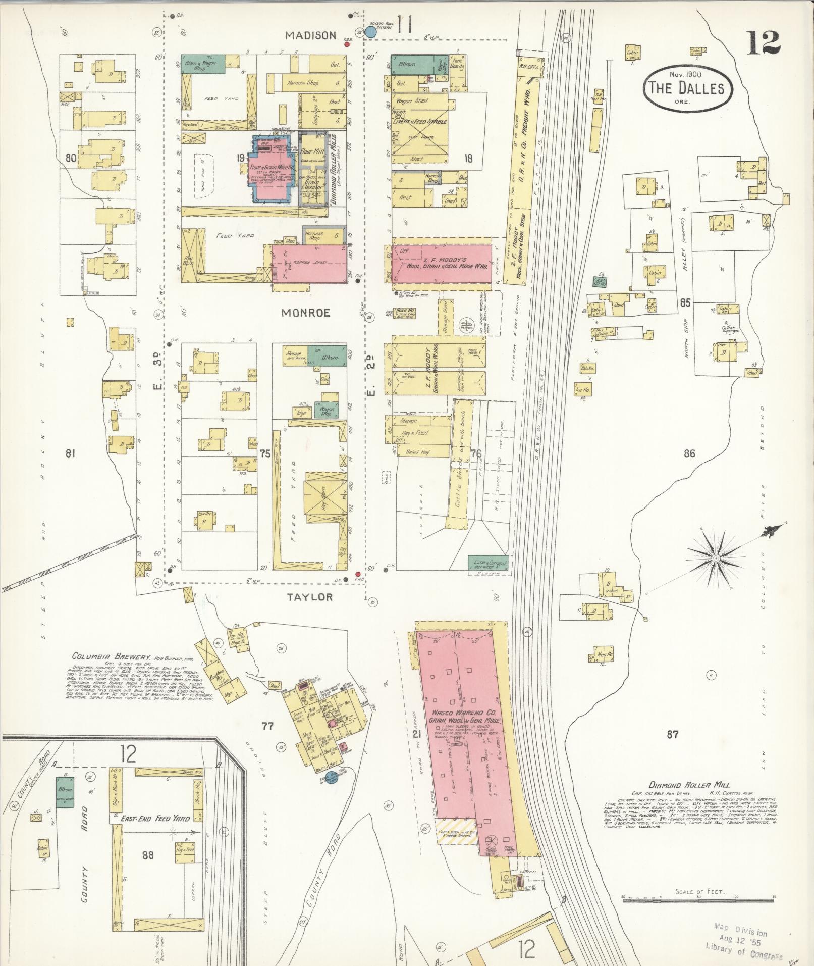 Sanborn Fire Insurance Map from The Dalles, Wasco County, Oregon (1900), Sheet #0012 - Historic Sanborn Fire Insurance Map Print, vintage old map wall art, antique decor, genealogy gift, Oregon Oregon map