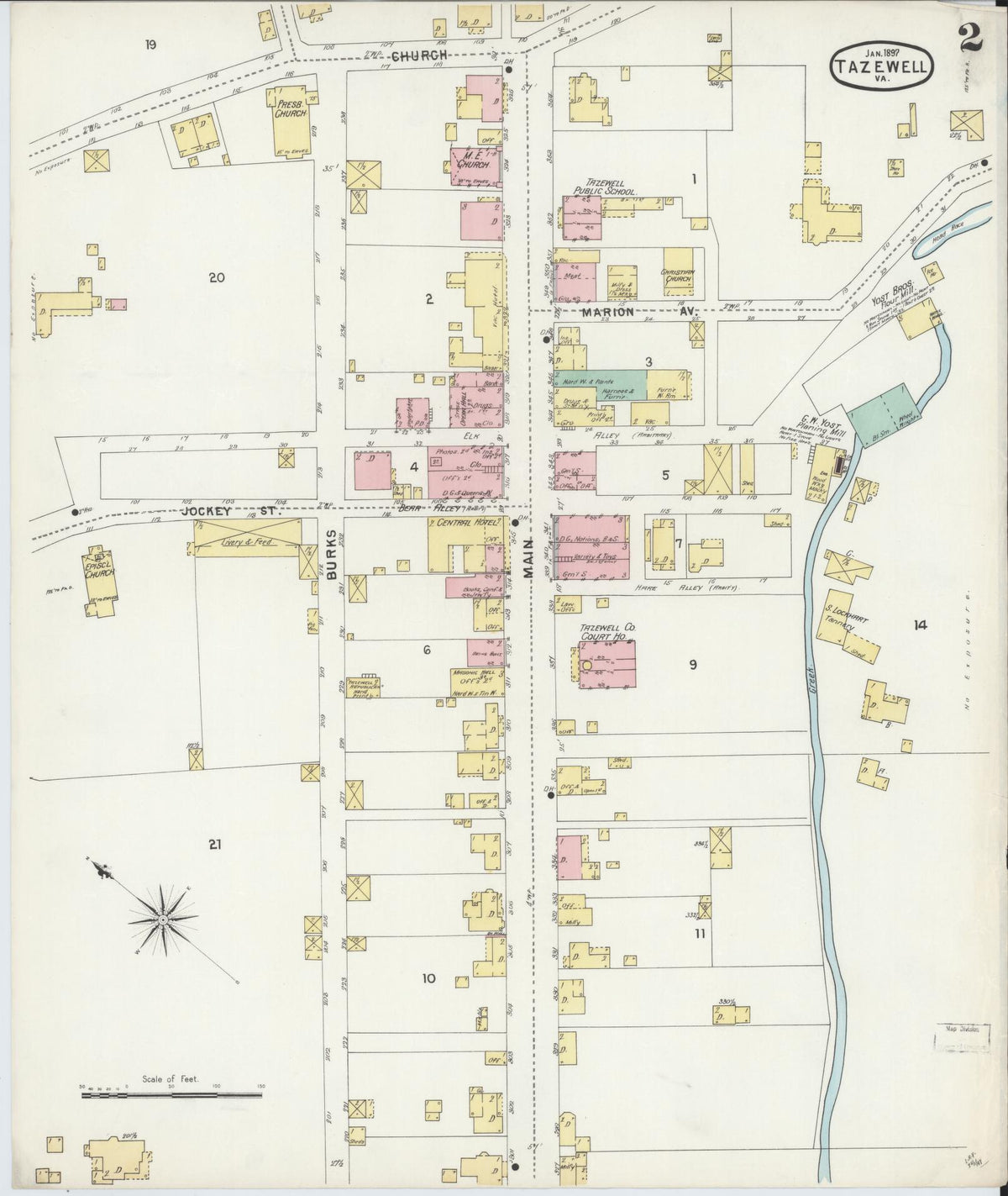 Sanborn Fire Insurance Map from Tazewell, Tazewell County, Virginia (1897), Sheet #0002 - Historic Sanborn Fire Insurance Map Print, vintage old map wall art, antique decor, genealogy gift, Virginia Virginia map