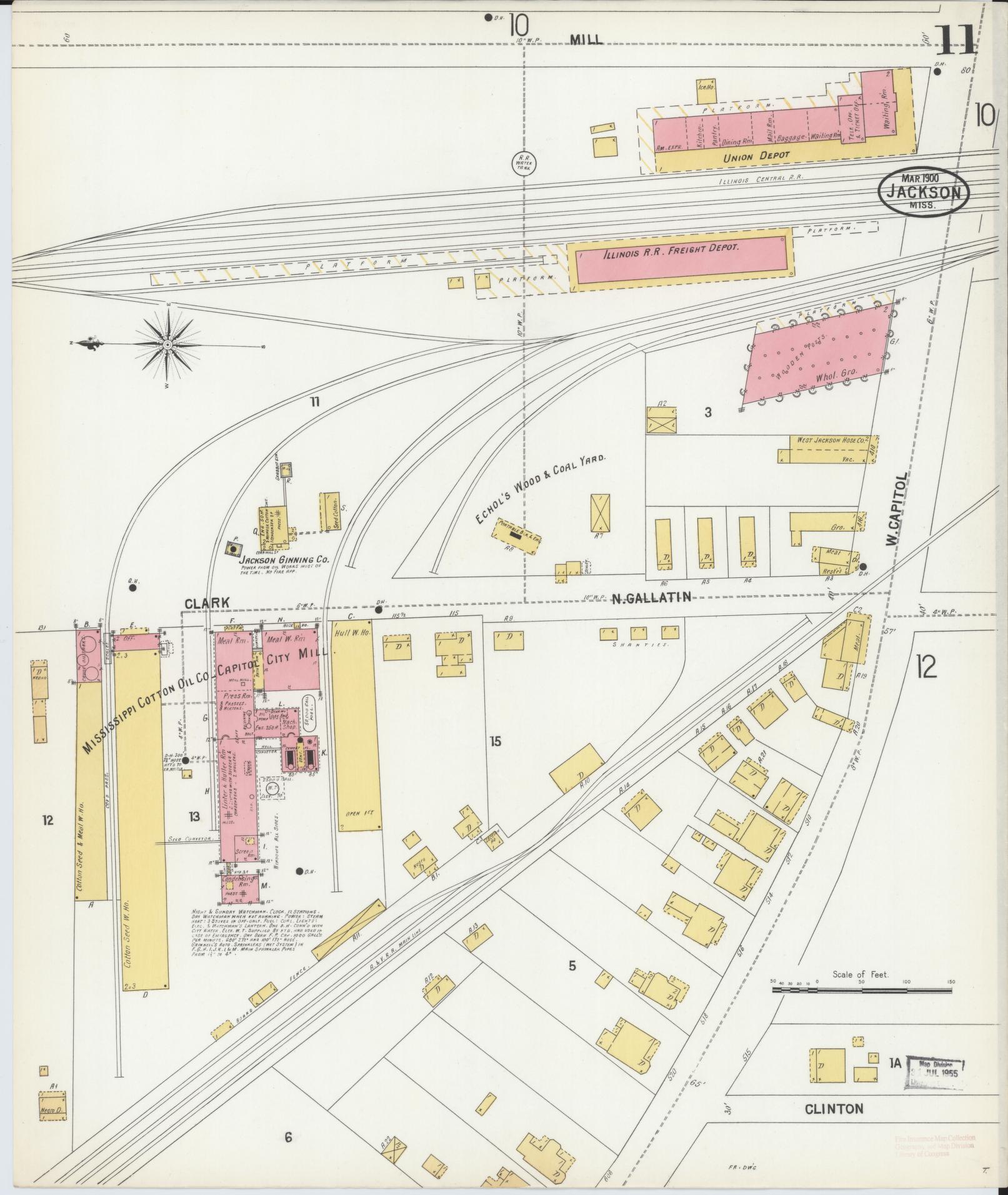 Sanborn Fire Insurance Map from Jackson, Hinds County, Mississippi (1900), Sheet #0011 - Historic Sanborn Fire Insurance Map Print, vintage old map wall art, antique decor, genealogy gift, Mississippi Mississippi map