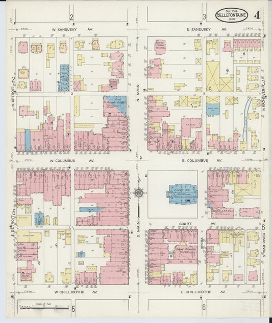 Sanborn Fire Insurance Map from Bellefontaine, Logan County, Ohio (1914), Sheet #0004 - Historic Sanborn Fire Insurance Map Print, vintage old map wall art, antique decor, genealogy gift, Ohio Ohio map