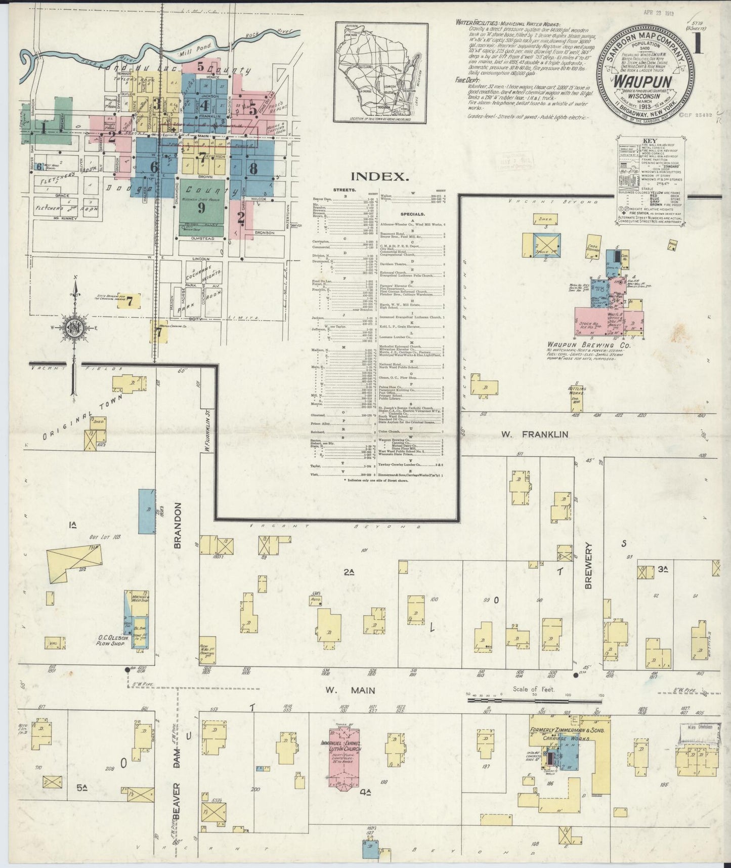 Sanborn Fire Insurance Map from Waupun, Dodge and Fond du Lac Counties, Wisconsin (1913), Sheet #0001 - Complete Map Set gallery image, historic Sanborn map, vintage wall art, Wisconsin Wisconsin