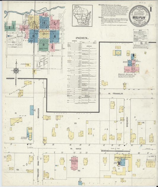 Sanborn Fire Insurance Map from Waupun, Dodge and Fond du Lac Counties, Wisconsin (1913), Sheet #0001 - Complete Map Set gallery image, historic Sanborn map, vintage wall art, Wisconsin Wisconsin