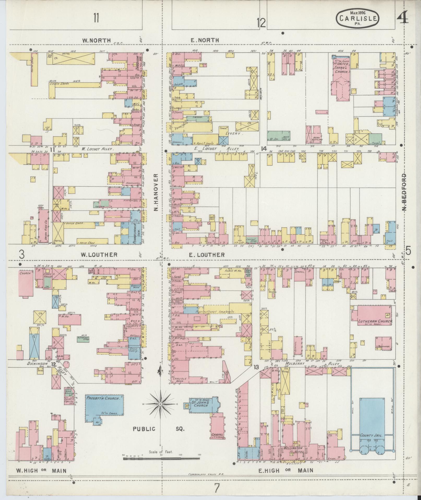 Sanborn Fire Insurance Map from Carlisle, Cumberland County, Pennsylvania (1896), Sheet #0004 - Historic Sanborn Fire Insurance Map Print, vintage old map wall art, antique decor, genealogy gift, Pennsylvania Pennsylvania map