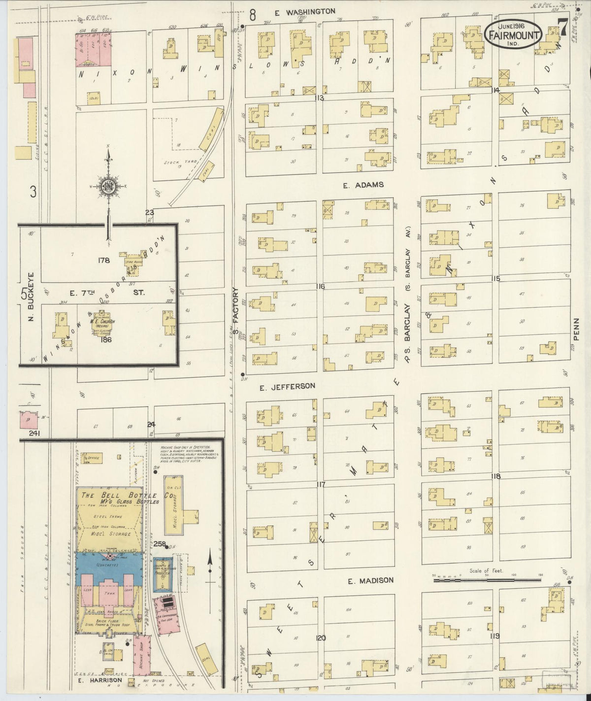 Sanborn Fire Insurance Map from Fairmount, Grant County, Indiana (1916), Sheet #0007 - Historic Sanborn Fire Insurance Map Print, vintage old map wall art, antique decor, genealogy gift, Indiana Indiana map