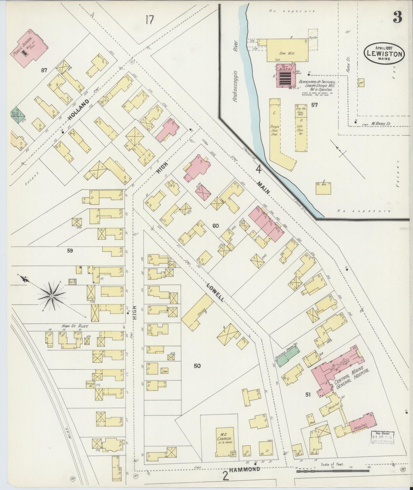 Sanborn Fire Insurance Map from Lewiston, Androscoggin County, Maine (1897), Sheet #0003 - Historic Sanborn Fire Insurance Map Print, vintage old map wall art, antique decor, genealogy gift, Maine Maine map