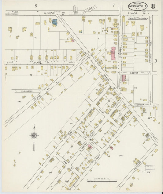 Sanborn Fire Insurance Map from Merchantville, Camden County, New Jersey (1915), Sheet #0008 - Historic Sanborn Fire Insurance Map Print, vintage old map wall art, antique decor, genealogy gift, New Jersey New Jersey map