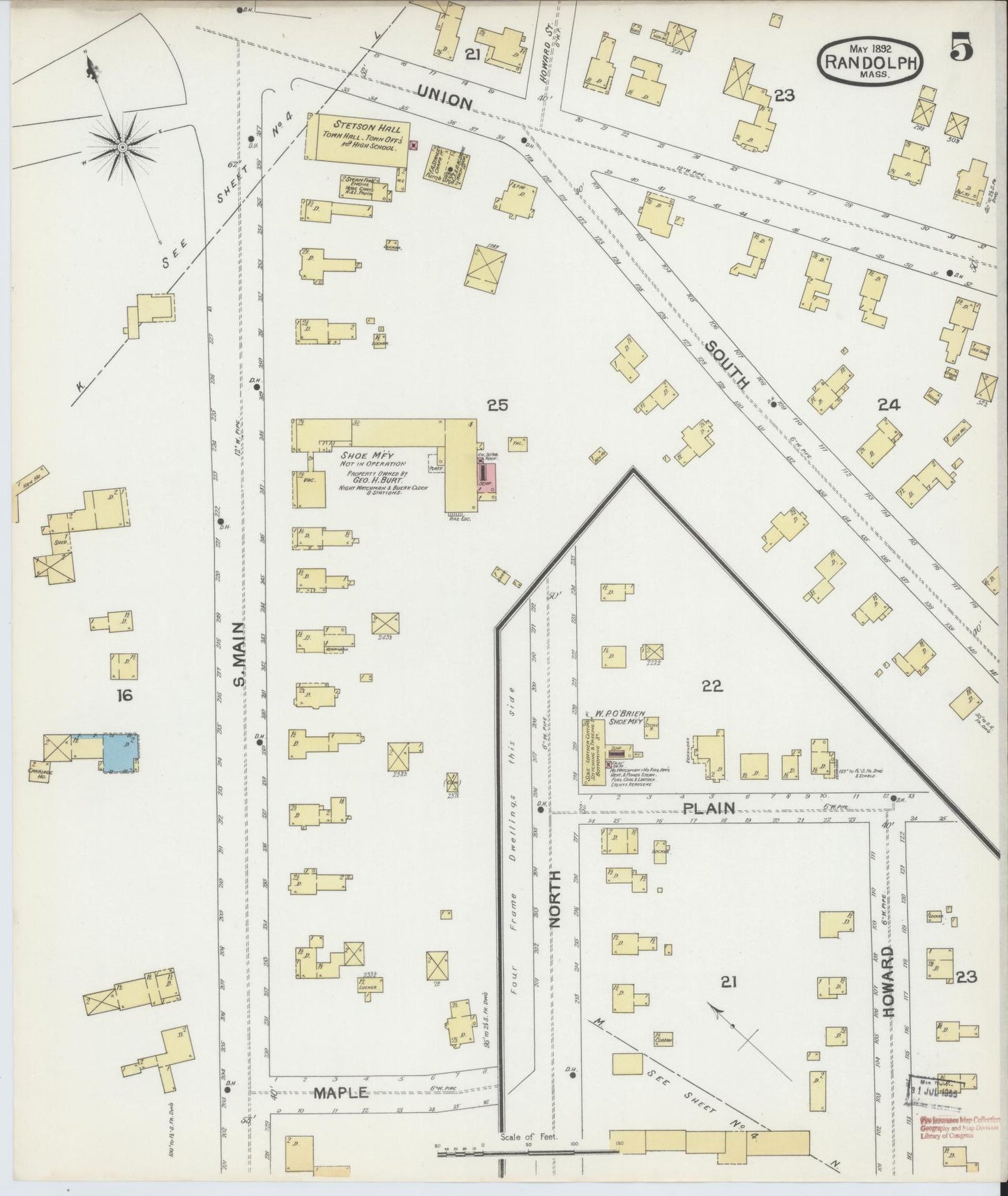 Sanborn Fire Insurance Map from Randolph, Norfolk County, Massachusetts (1892), Sheet #0005 - Historic Sanborn Fire Insurance Map Print, vintage old map wall art, antique decor, genealogy gift, Massachusetts Massachusetts map