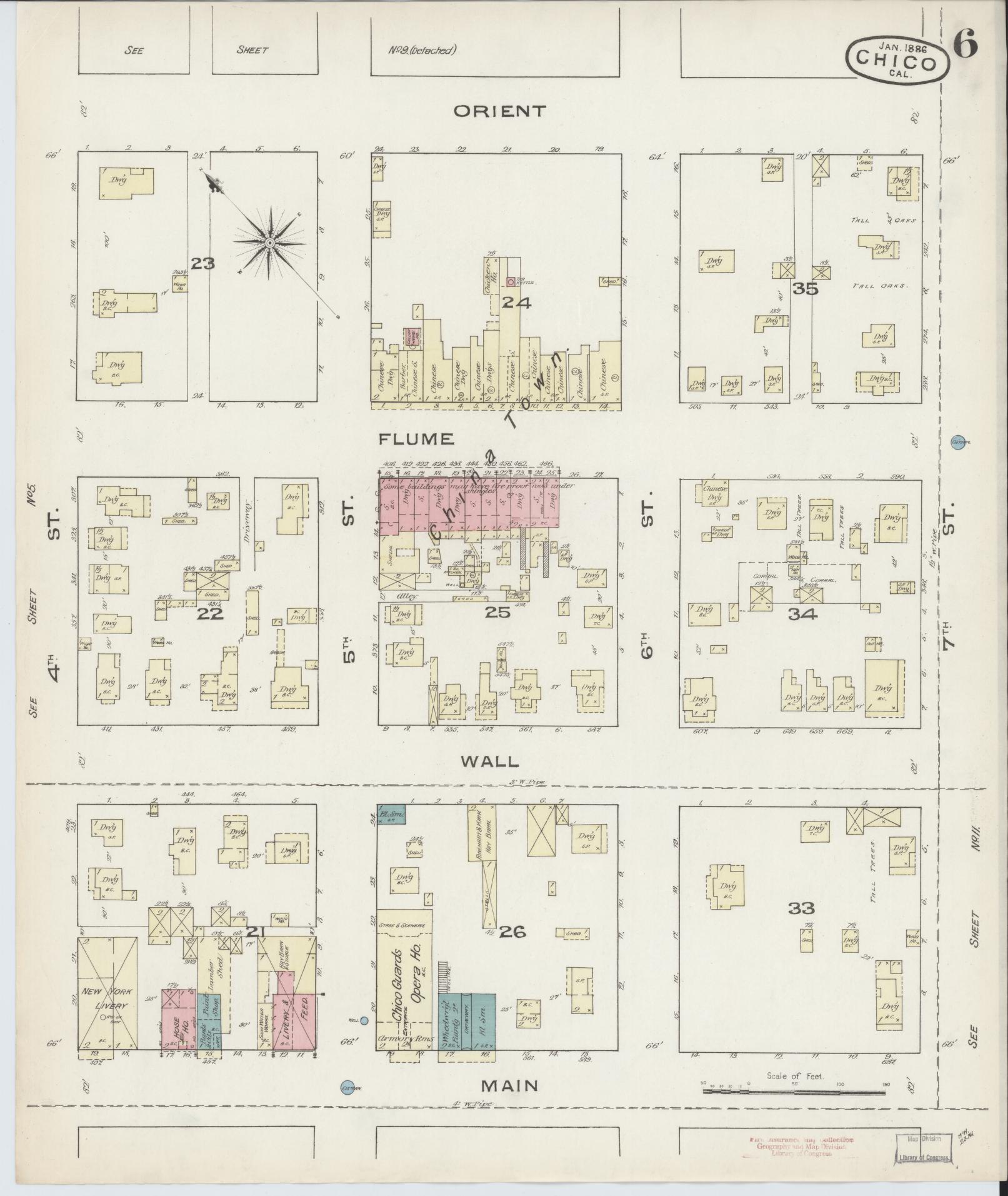 Sanborn Fire Insurance Map from Chico, Butte County, California (1886), Sheet #0006 - Historic Sanborn Fire Insurance Map Print, vintage old map wall art, antique decor, genealogy gift, California California map