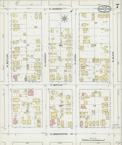 Sanborn Fire Insurance Map from Madison, Dane County, Wisconsin (1892), Sheet #0007 - Historic Sanborn Fire Insurance Map Print, vintage old map wall art, antique decor, genealogy gift, Wisconsin Wisconsin map
