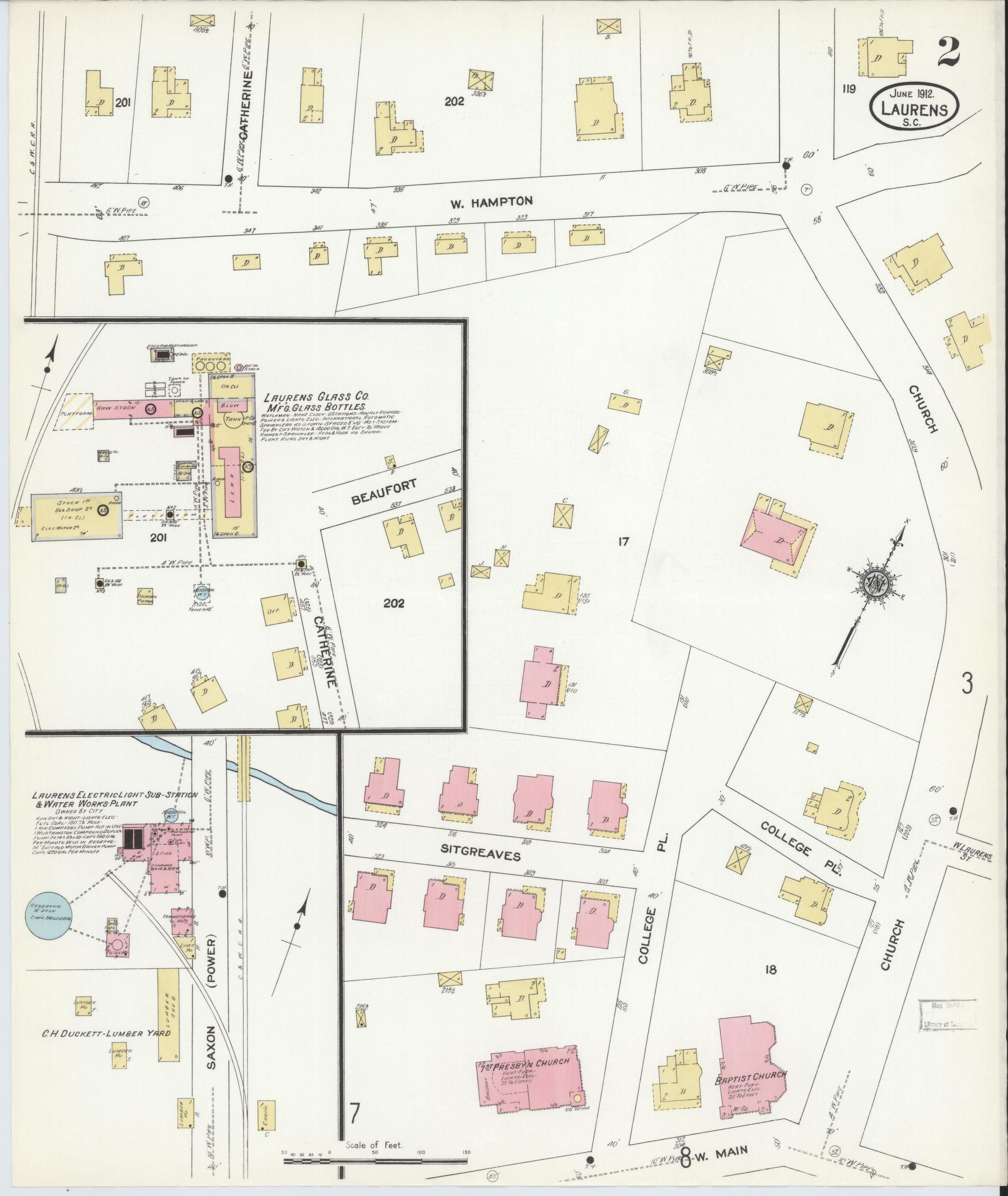 Sanborn Fire Insurance Map from Laurens, Laurens County, South Carolina (1912), Sheet #0002 - Historic Sanborn Fire Insurance Map Print, vintage old map wall art, antique decor, genealogy gift, South Carolina South Carolina map