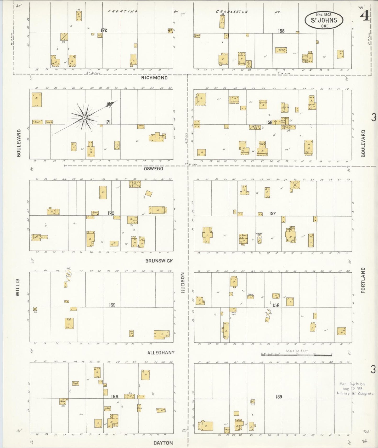 Sanborn Fire Insurance Map from Saint Johns, Multnomah County, Oregon (1905), Sheet #0004 - Historic Sanborn Fire Insurance Map Print, vintage old map wall art, antique decor, genealogy gift, Oregon Oregon map