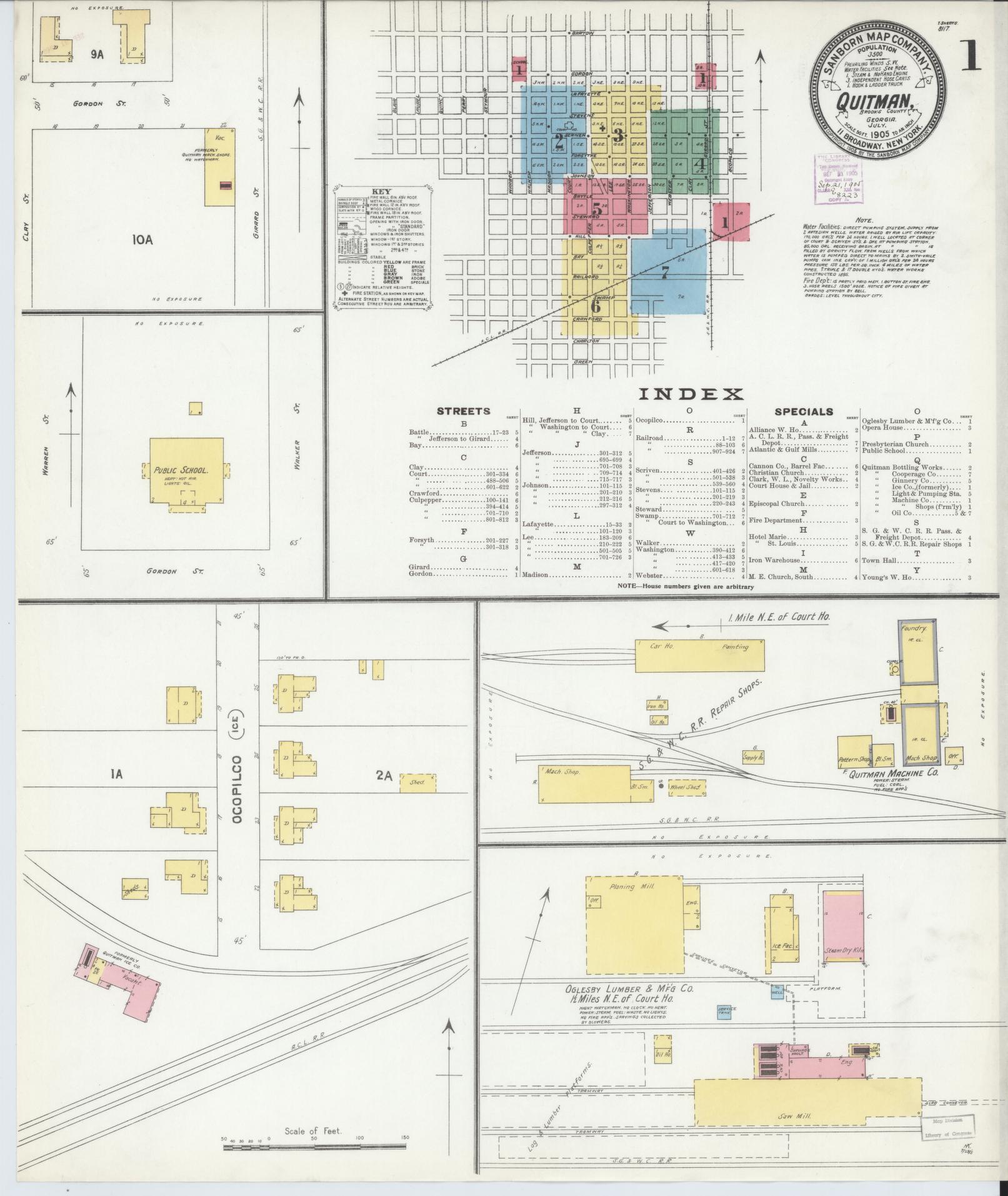 Sanborn Fire Insurance Map from Quitman, Brooks County, Georgia (1905), Sheet #0001 - Historic Sanborn Fire Insurance Map Print, vintage old map wall art, antique decor, genealogy gift, Georgia Georgia map