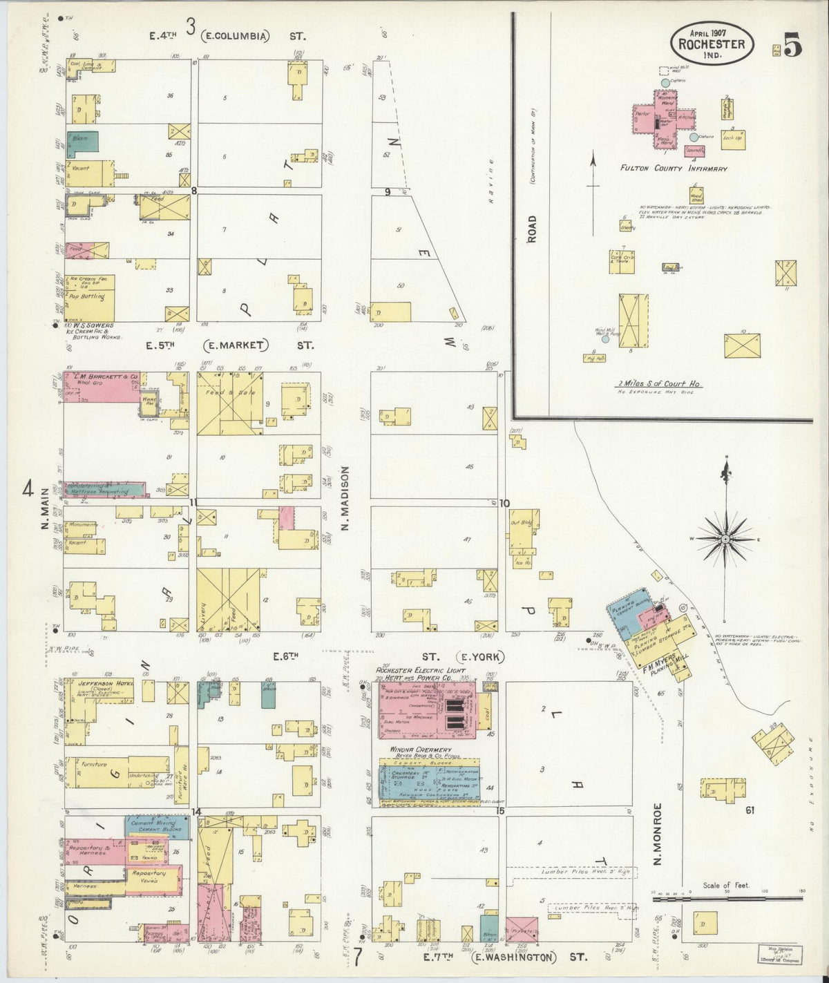 Sanborn Fire Insurance Map from Rochester, Fulton County, Indiana (1907), Sheet #0005 - Historic Sanborn Fire Insurance Map Print, vintage old map wall art, antique decor, genealogy gift, Indiana Indiana map