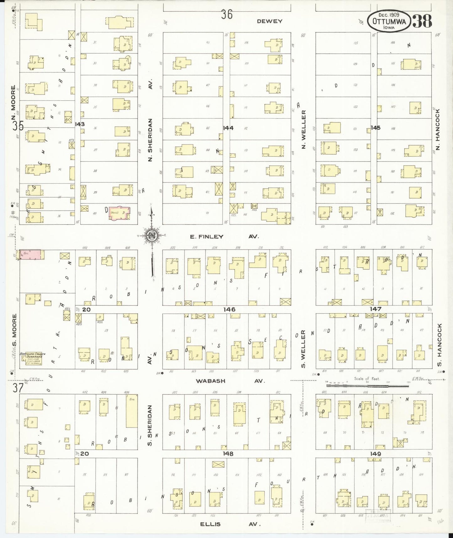 Sanborn Fire Insurance Map from Ottumwa, Wapello County, Iowa (1909), Sheet #0038 - Historic Sanborn Fire Insurance Map Print, vintage old map wall art