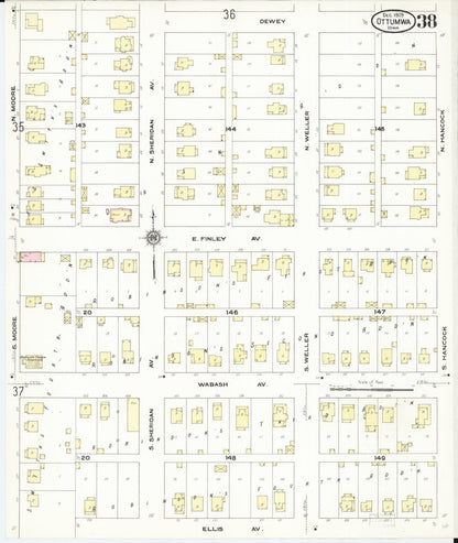 Sanborn Fire Insurance Map from Ottumwa, Wapello County, Iowa (1909), Sheet #0038 - Historic Sanborn Fire Insurance Map Print, vintage old map wall art