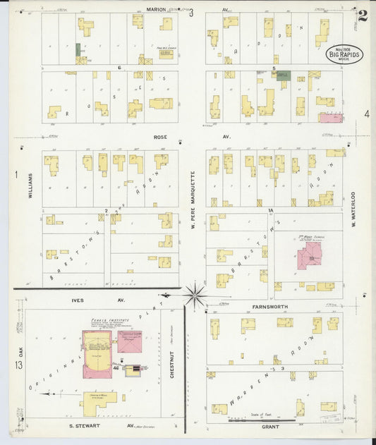 Sanborn Fire Insurance Map from Big Rapids, Mecosta County, Michigan (1908), Sheet #0002 - Historic Sanborn Fire Insurance Map Print, vintage old map wall art, antique decor, genealogy gift, Michigan Michigan map