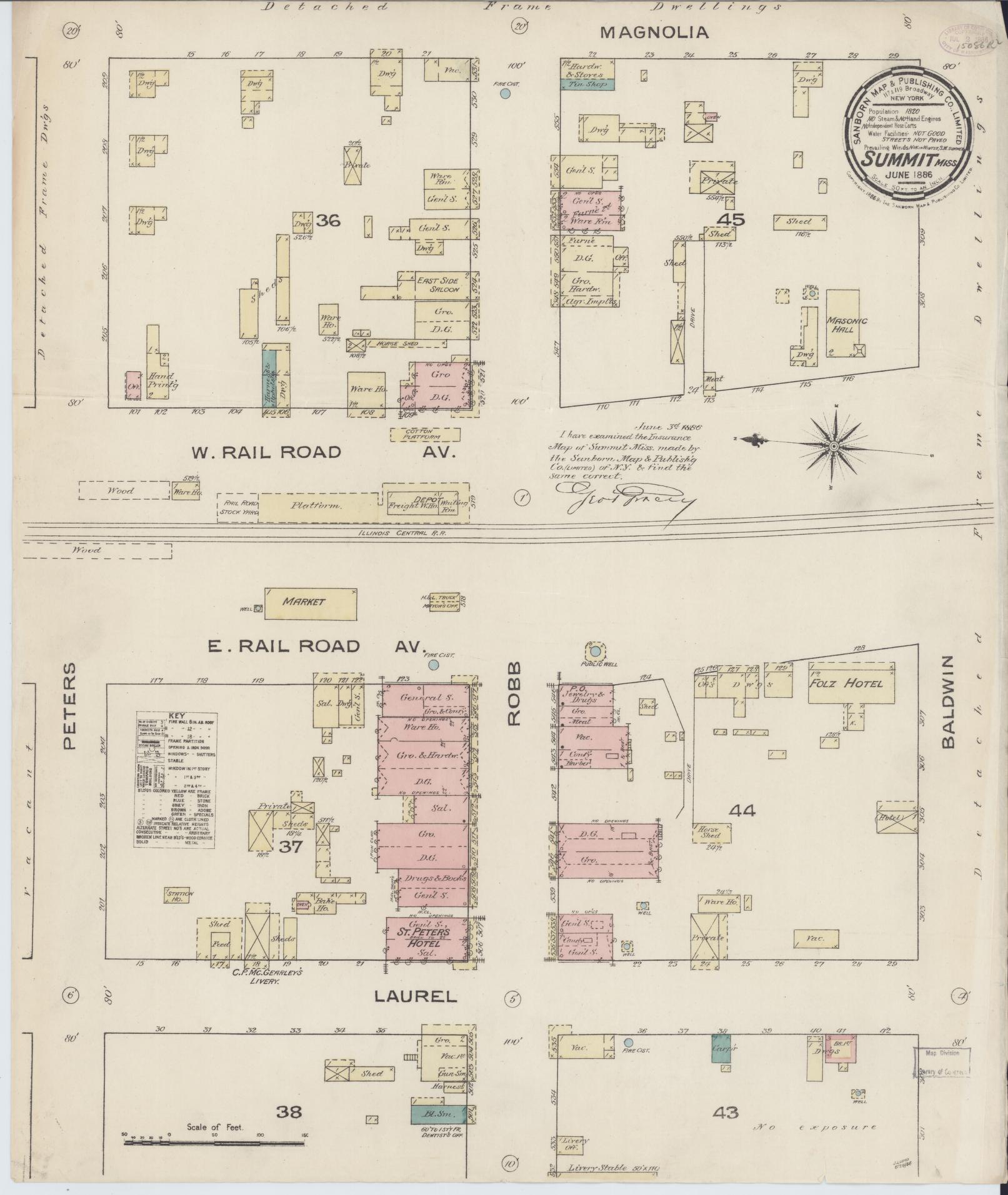 Sanborn Fire Insurance Map from Summit, Pike County, Mississippi (1886), Sheet #0001 - Historic Sanborn Fire Insurance Map Print, vintage old map wall art, antique decor, genealogy gift, Mississippi Mississippi map