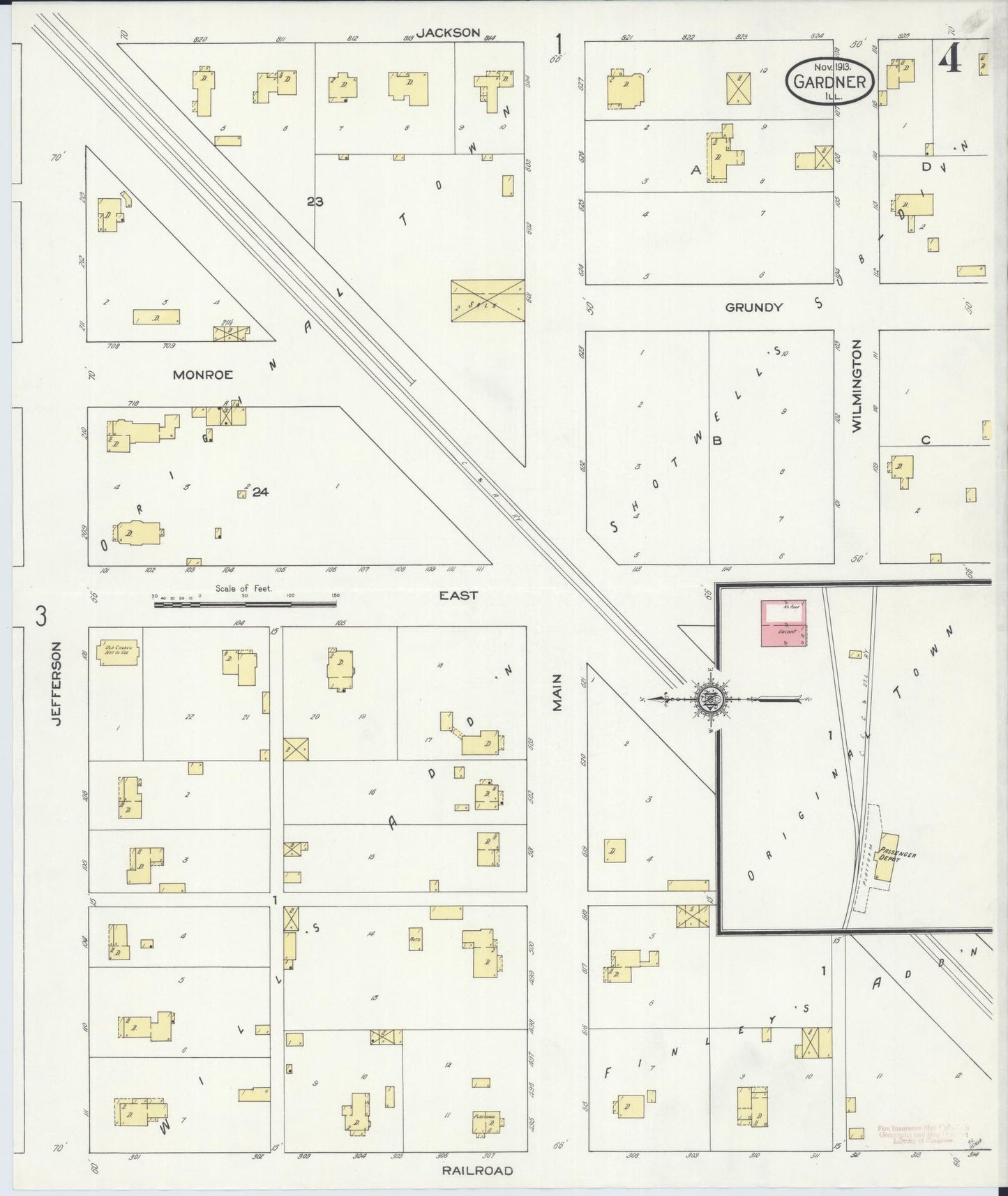 Sanborn Fire Insurance Map from Gardner, Grundy County, Illinois (1913), Sheet #0004 - Historic Sanborn Fire Insurance Map Print, vintage old map wall art, antique decor, genealogy gift, Illinois Illinois map