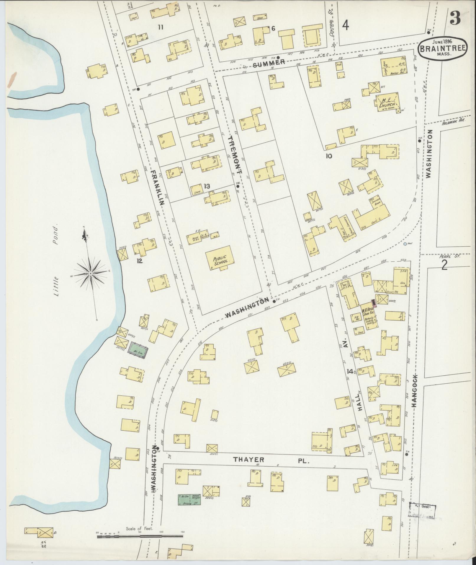 Sanborn Fire Insurance Map from Braintree, Norfolk County, Massachusetts (1896), Sheet #0003 - Complete Map Set gallery image, historic Sanborn map, vintage wall art, Massachusetts Massachusetts