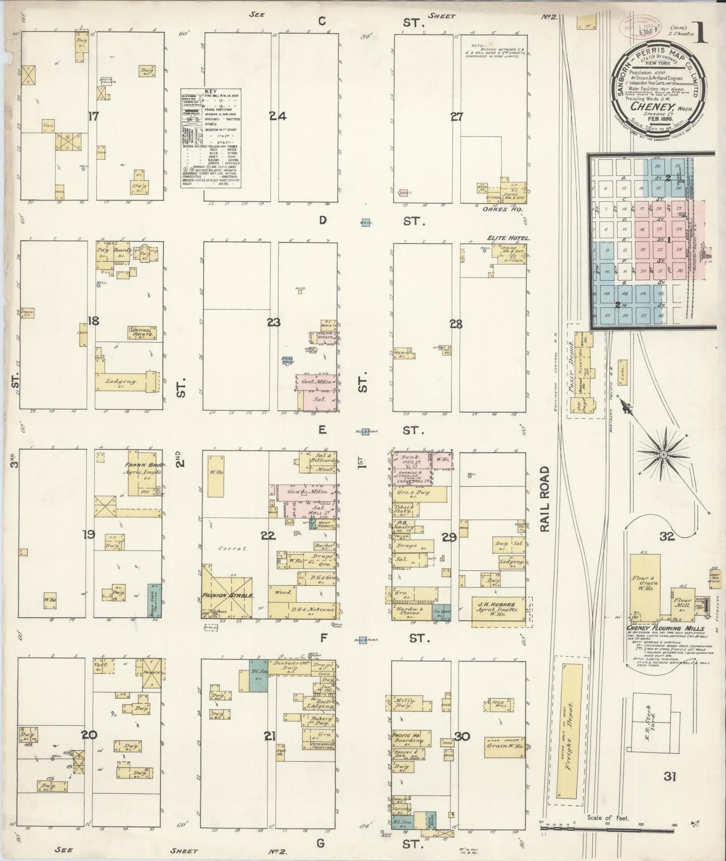 Sanborn Fire Insurance Map from Cheney, Spokane County, Washington (1890), Sheet #0001 - Complete Map Set gallery image, historic Sanborn map, vintage wall art, Washington Washington